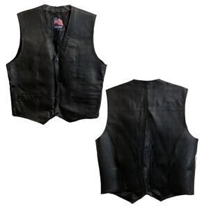 USA Men's Vest Size XL Black Leather Motocycle Snap Closure Pockets